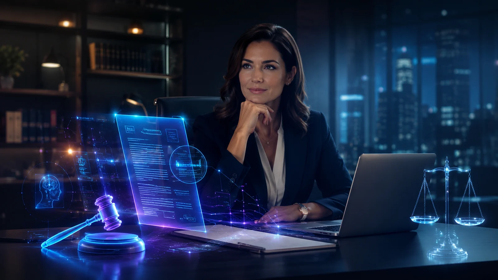 Avvocata in ufficio legal-tech con interfacce digitali, bilancia e analisi documentale